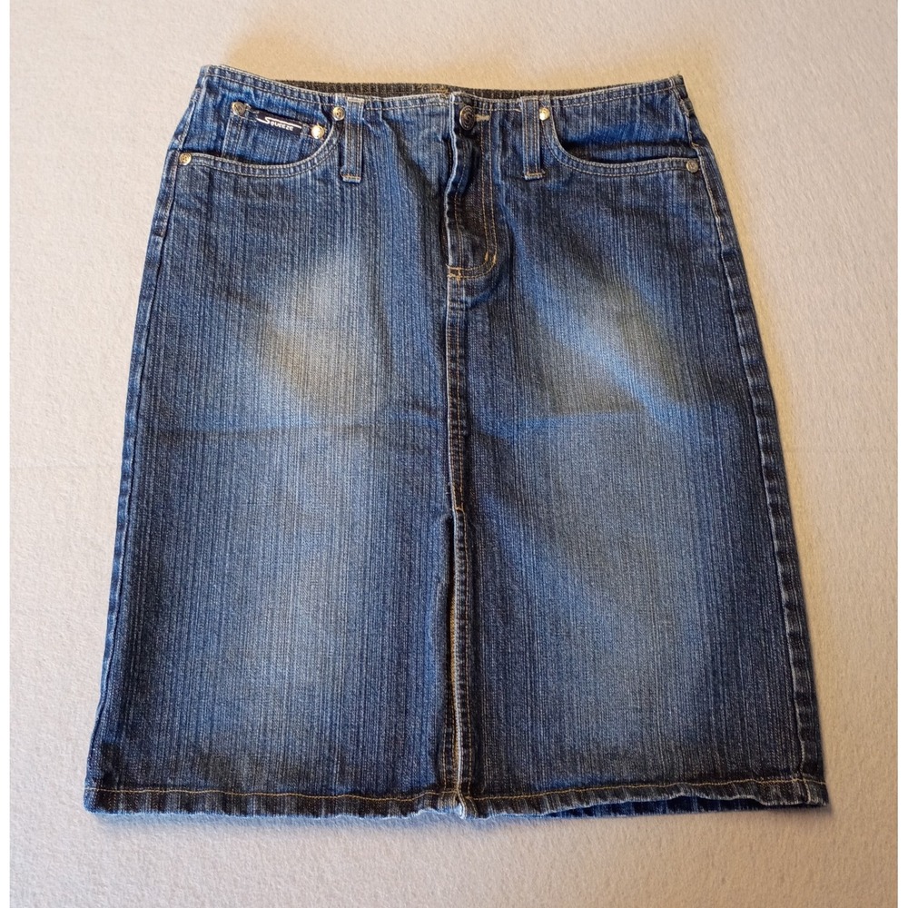 VTG SQUEEZE 3/4 Denim Knee Length Pencil‎ Jean Skirt Front Slit 90s Y2K Skirt
